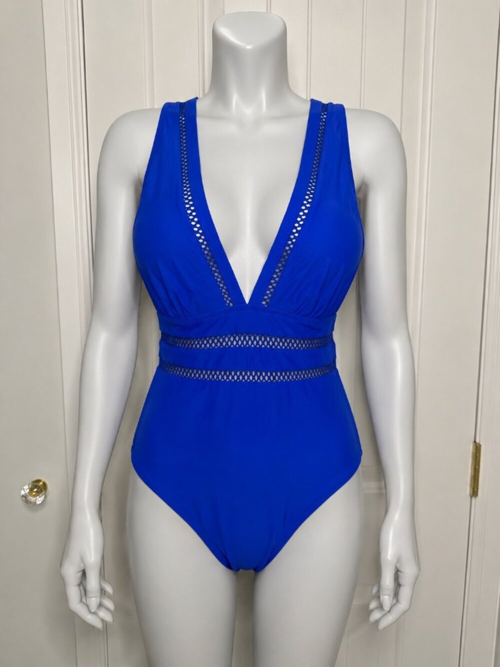 Tempt Me Mesh Hollow Out Plunge V Neck One Piece Swimsuit, 18W